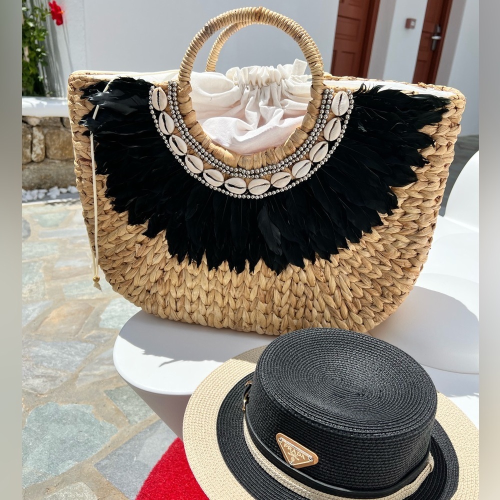LARGE HANDMADE BRACH BAG WITH FEATHERS
